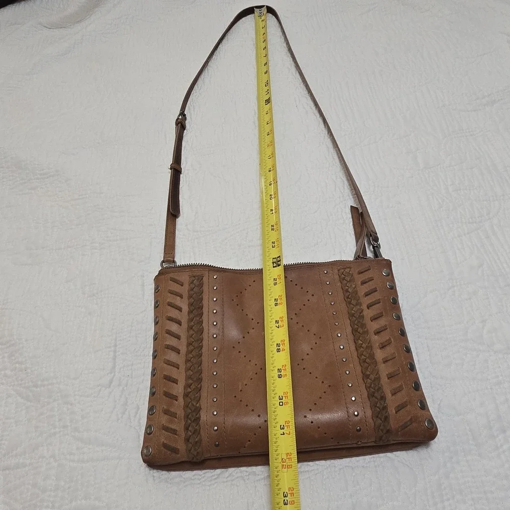 Lucky Brand Brown Leather Crossbody Bag Braided Studded Boho Triple‎ Compartment